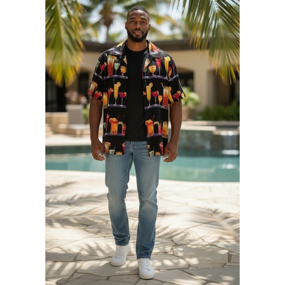 Five Crown Easy Livin Men’s XXL Cocktail Print Hawaiian Camp Shirt Black Martini